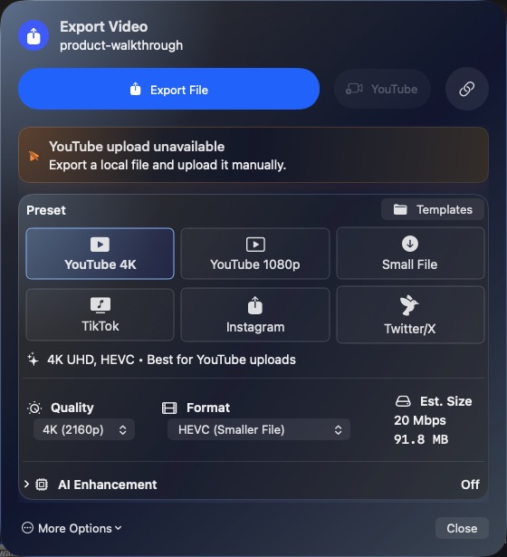 SaneVideo 1.0.3 export panel with local file, 4K, 1080p, small-file, TikTok, Instagram, and Twitter/X presets