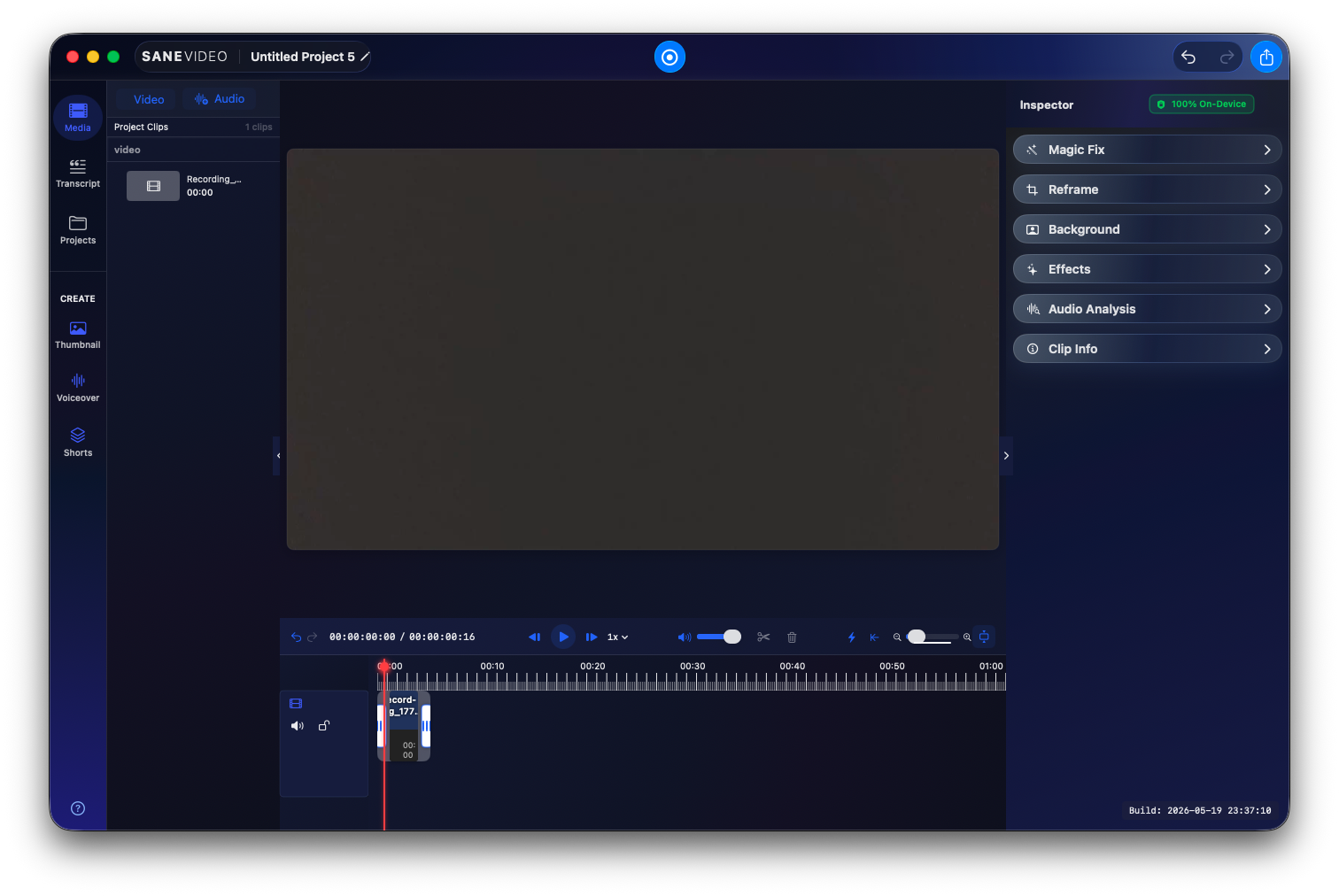 Actual SaneVideo timeline editor with media bin, preview, inspector, and clip timeline