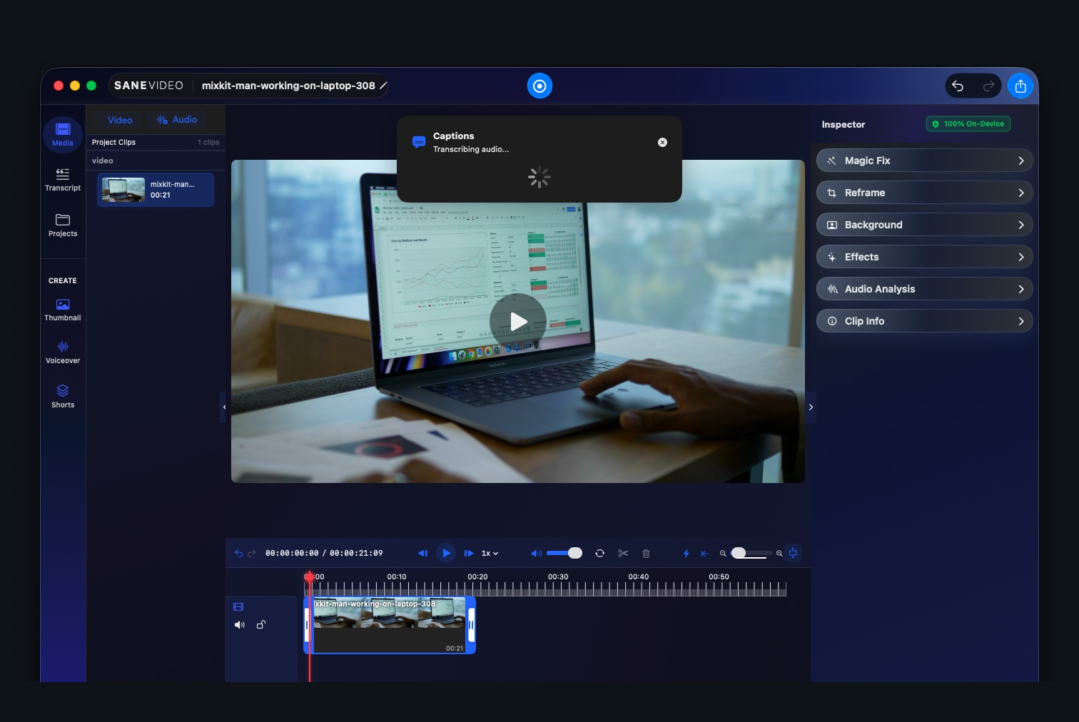 SaneVideo editor transcribing captions over a loaded laptop clip with a selected timeline clip