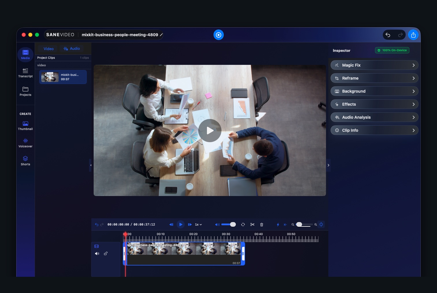 SaneVideo editor showing meeting footage, project clips, timeline, playback controls, and inspector tools