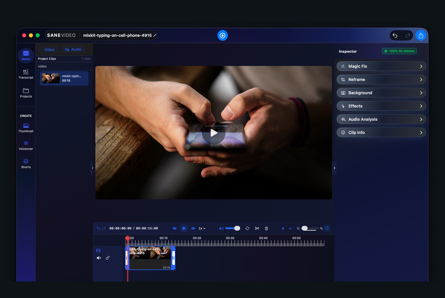 SaneVideo editor showing phone footage loaded in the preview with a selected timeline clip
